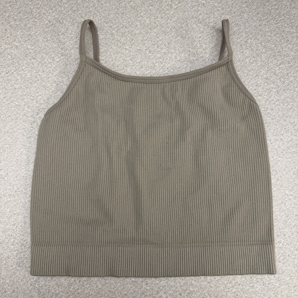 Zenana Women Seamless Ribbed Knit Cropped  Spaghetti Strap Cami Tank Top S/M Tan